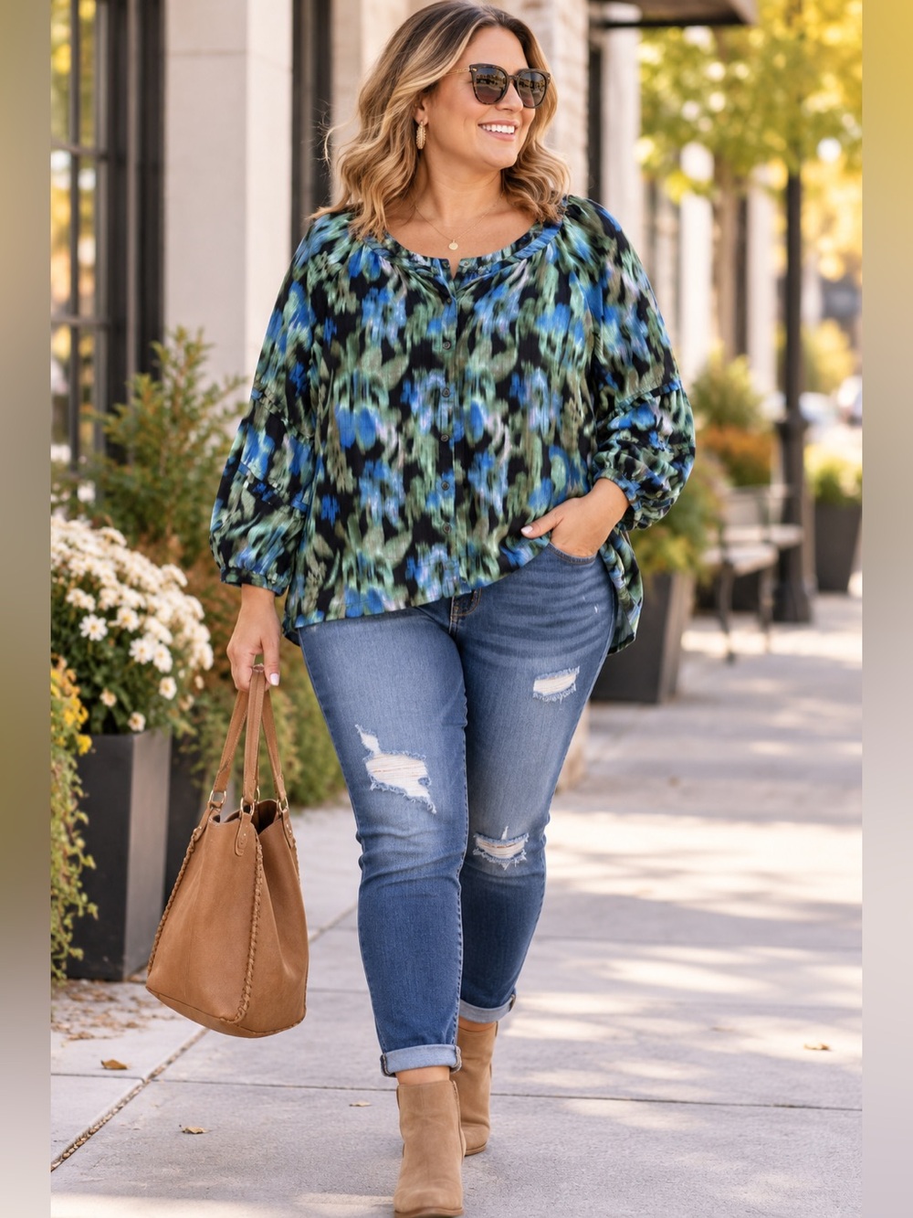 Time and Tru XXL 20 Blue Green Abstract Print Peasant Blouse Boho Fall